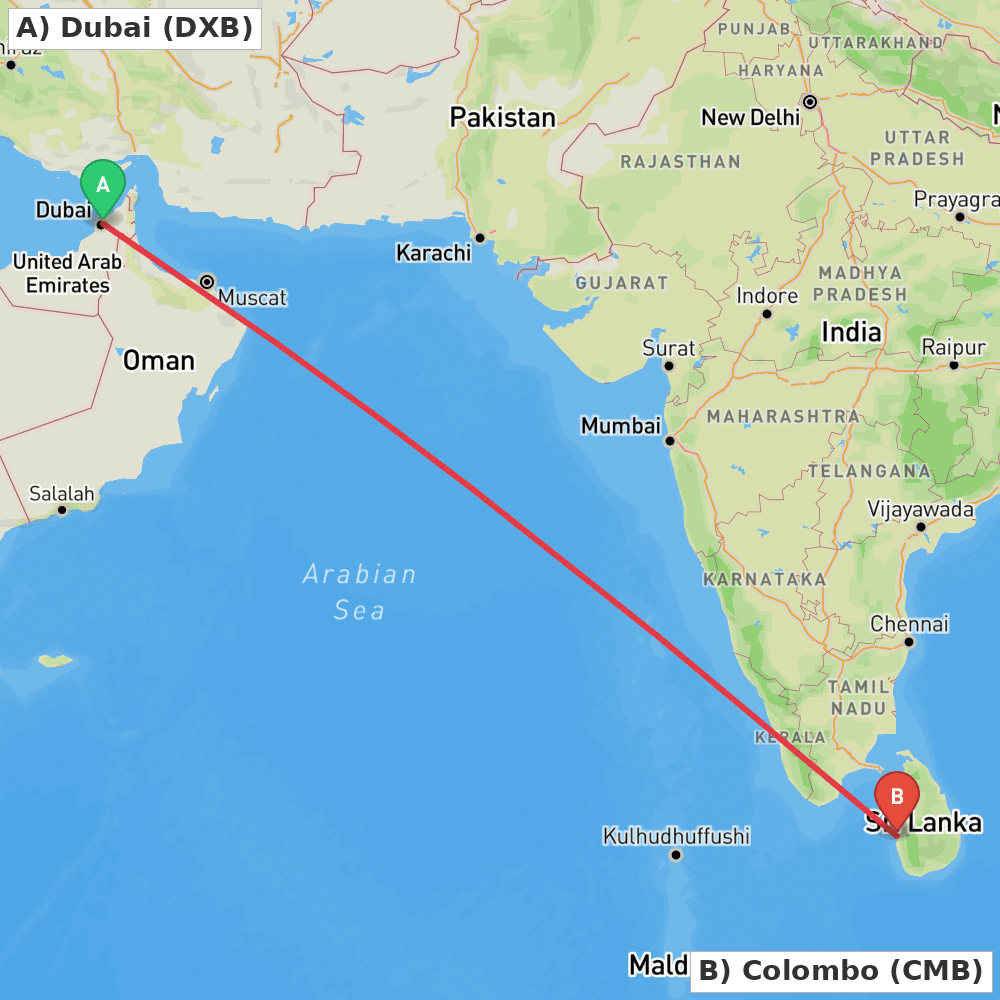 Flight route map from Dubai to Colombo
