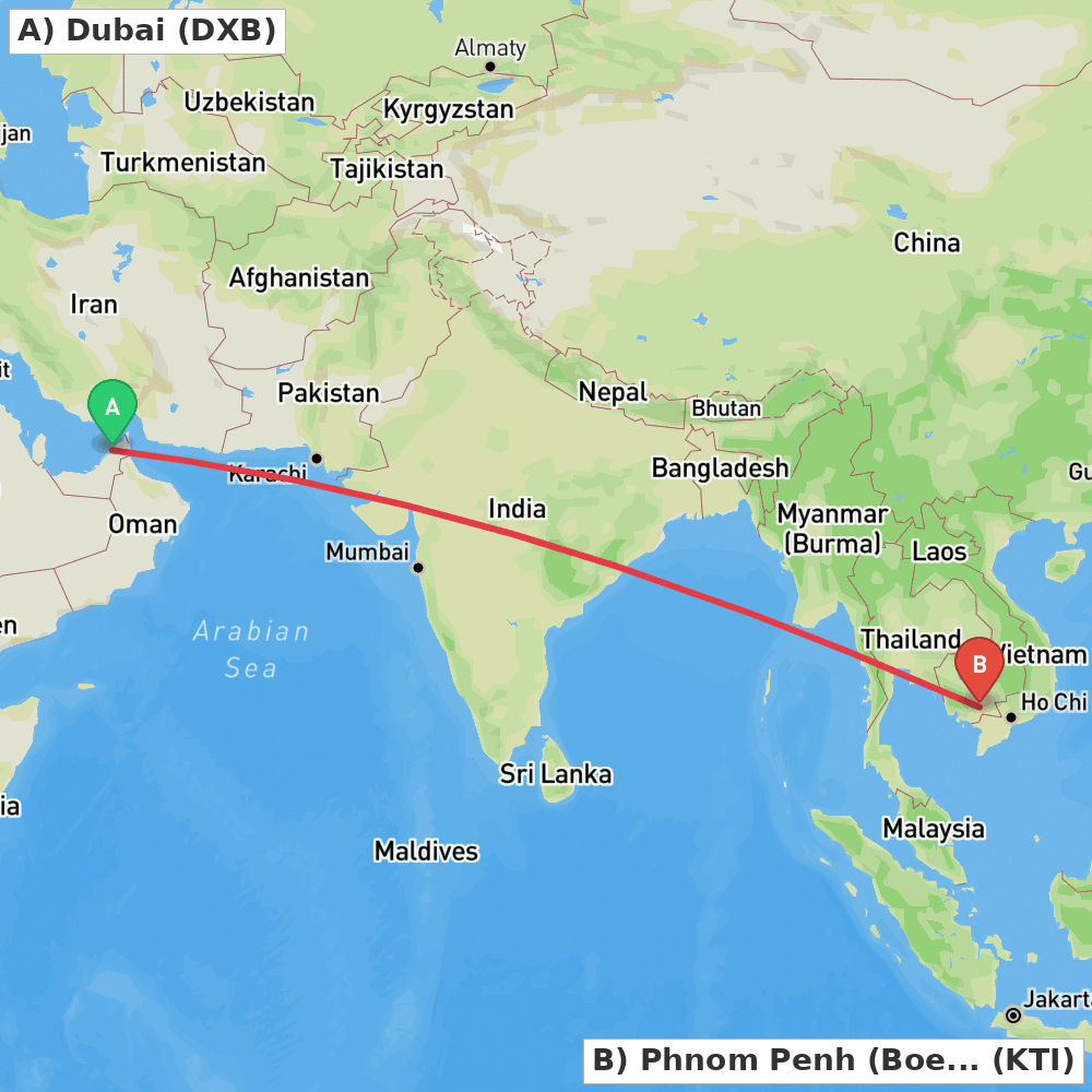 Flight route map from Dubai to Phnom Penh (Boeng Khyang)