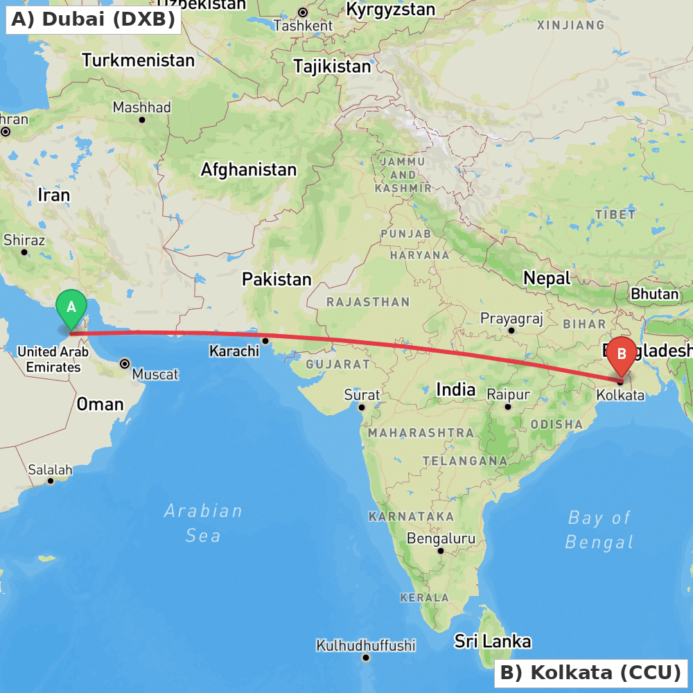 Flight route map from Dubai to Kolkata