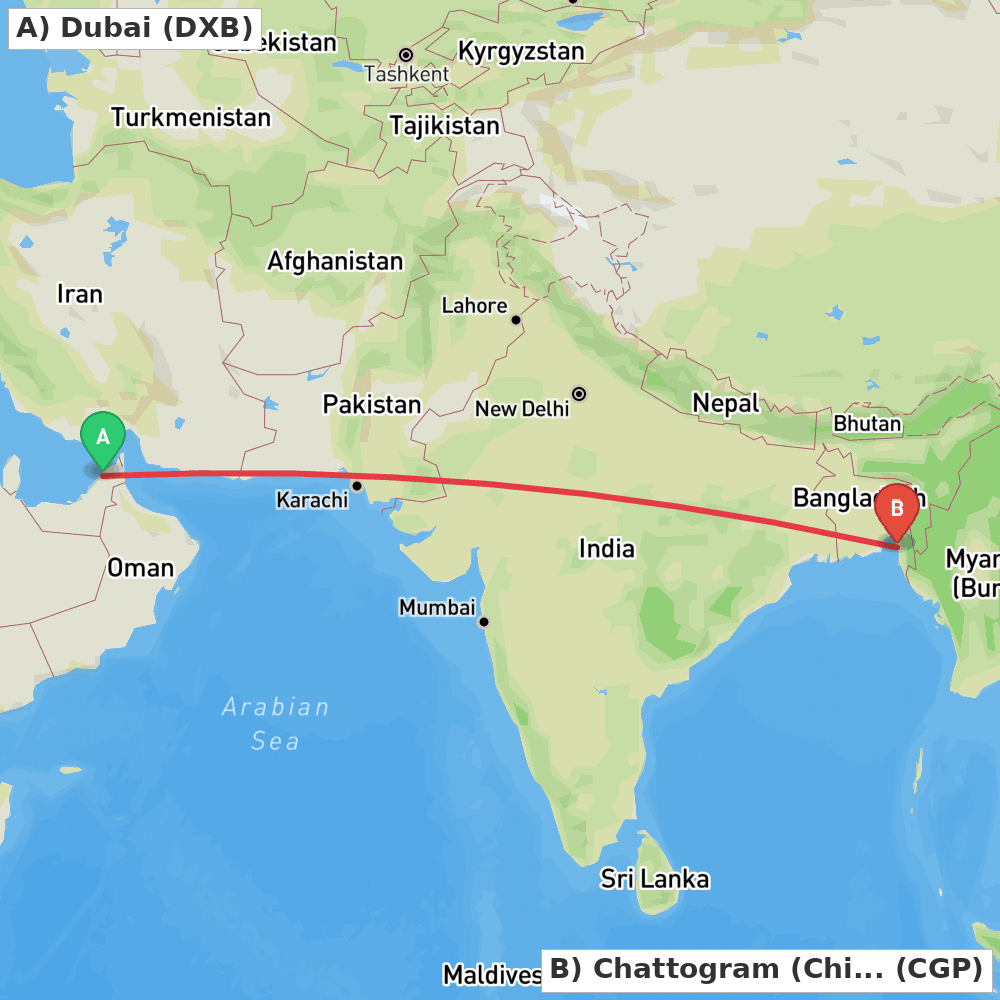Flight route map from Dubai to Chattogram (Chittagong)