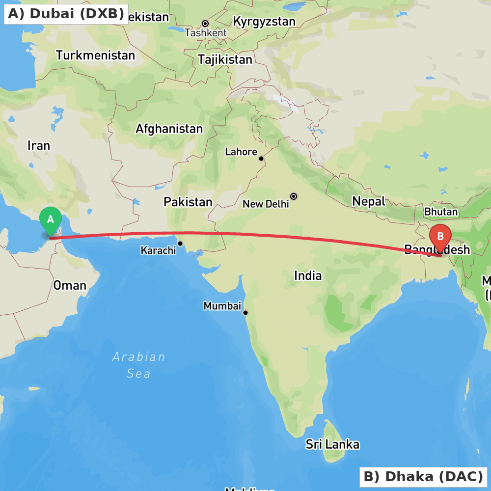 Flight route map from Dubai to Dhaka