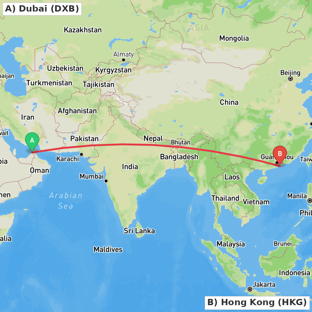 Flight route map from Dubai to Hong Kong