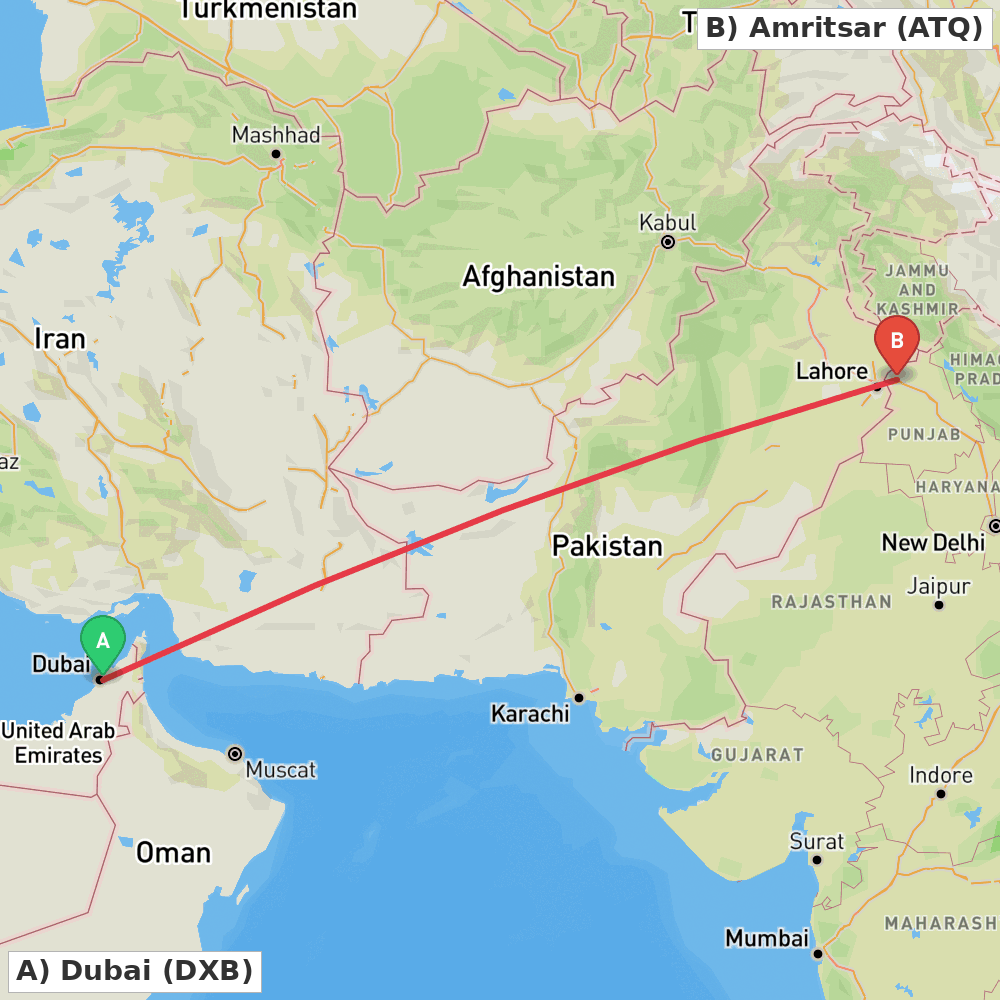 Flight route map from Dubai to Amritsar