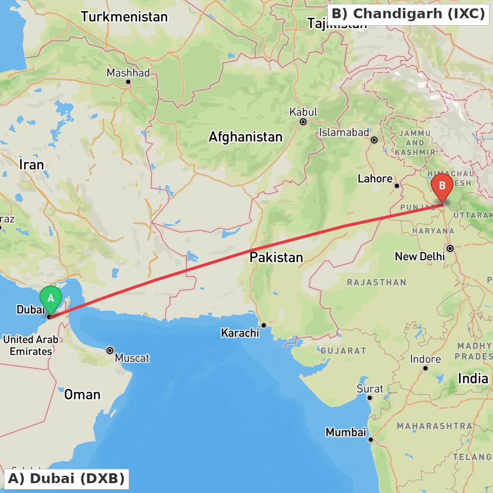 Flight route map from Dubai to Chandigarh