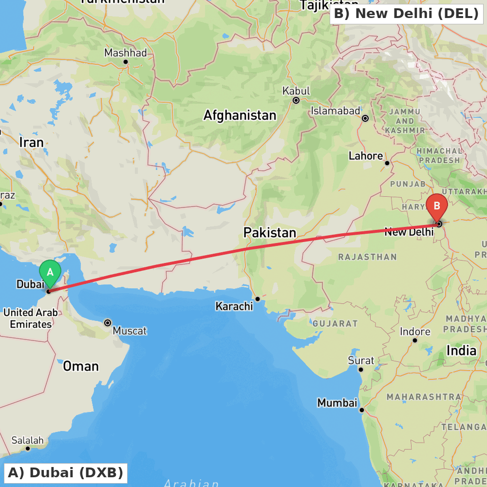 Flight route map from Dubai to New Delhi
