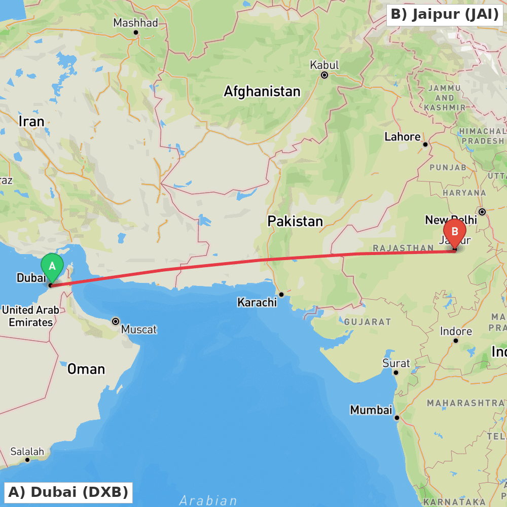 Flight route map from Dubai to Jaipur