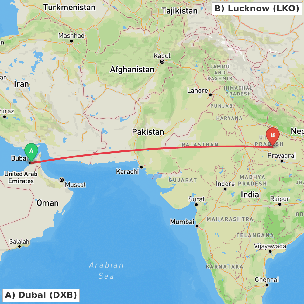 Flight route map from Dubai to Lucknow