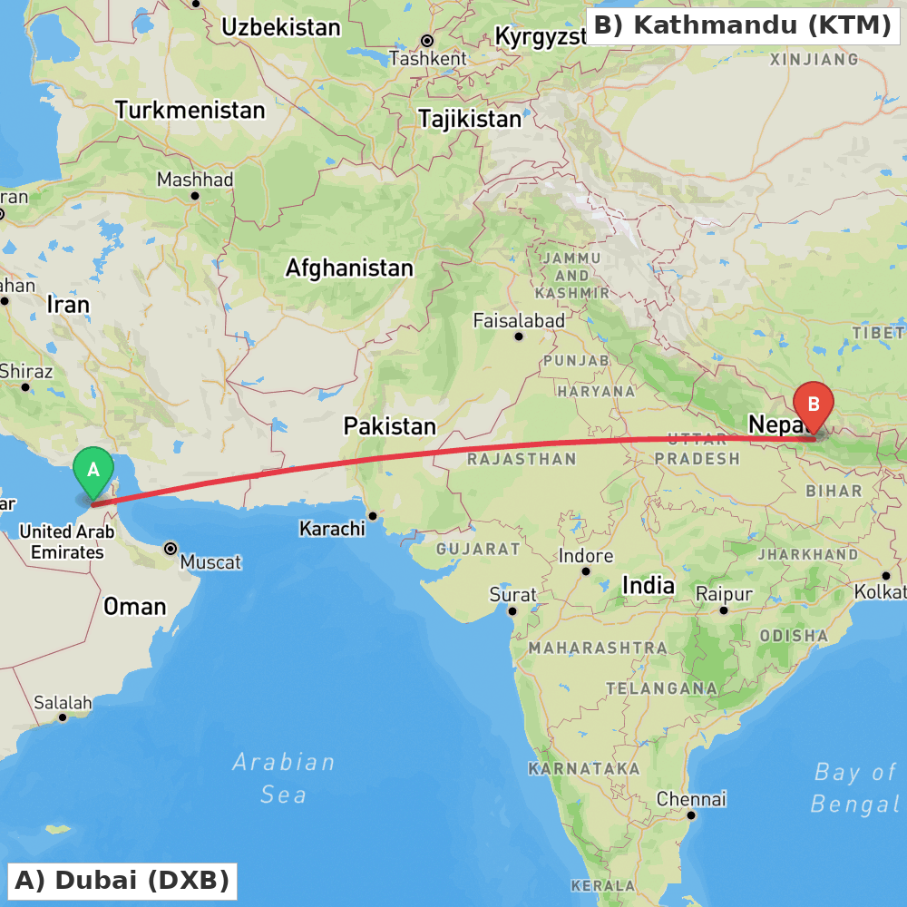 Flight route map from Dubai to Kathmandu