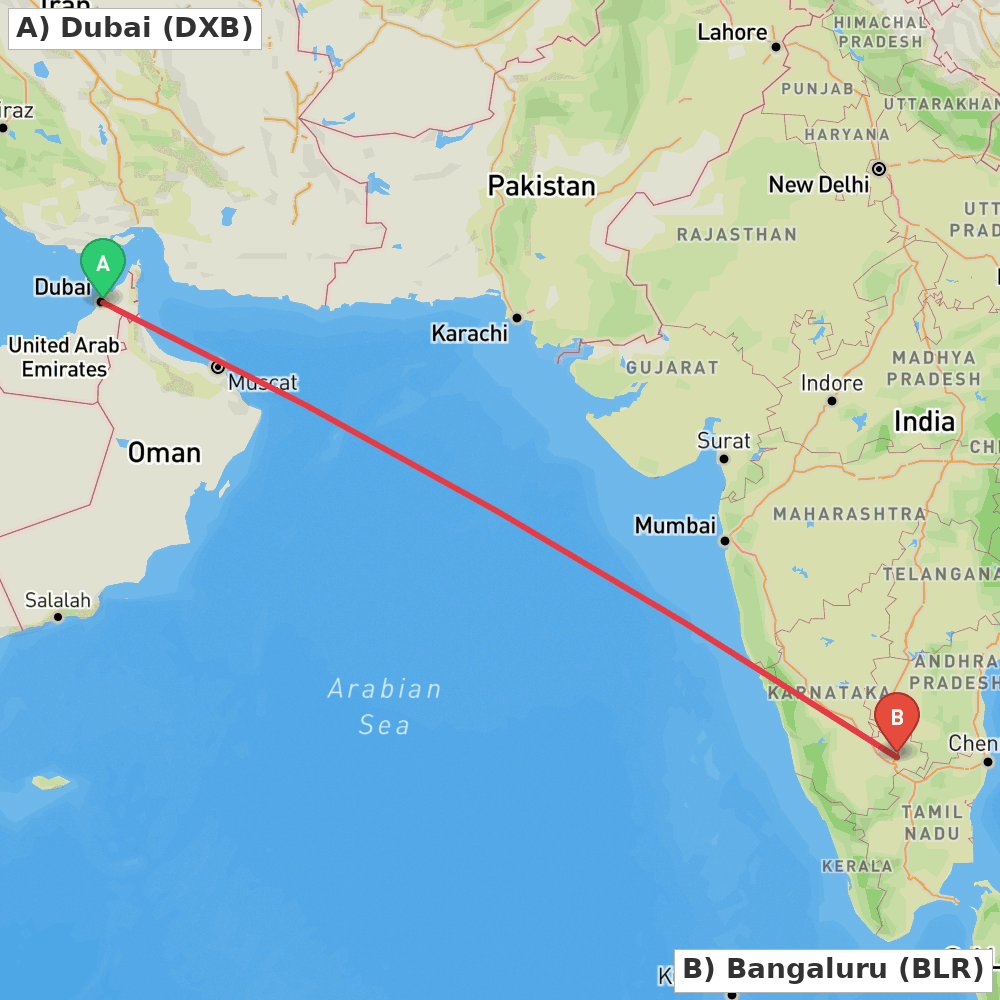 Flight route map from Dubai to Bangaluru