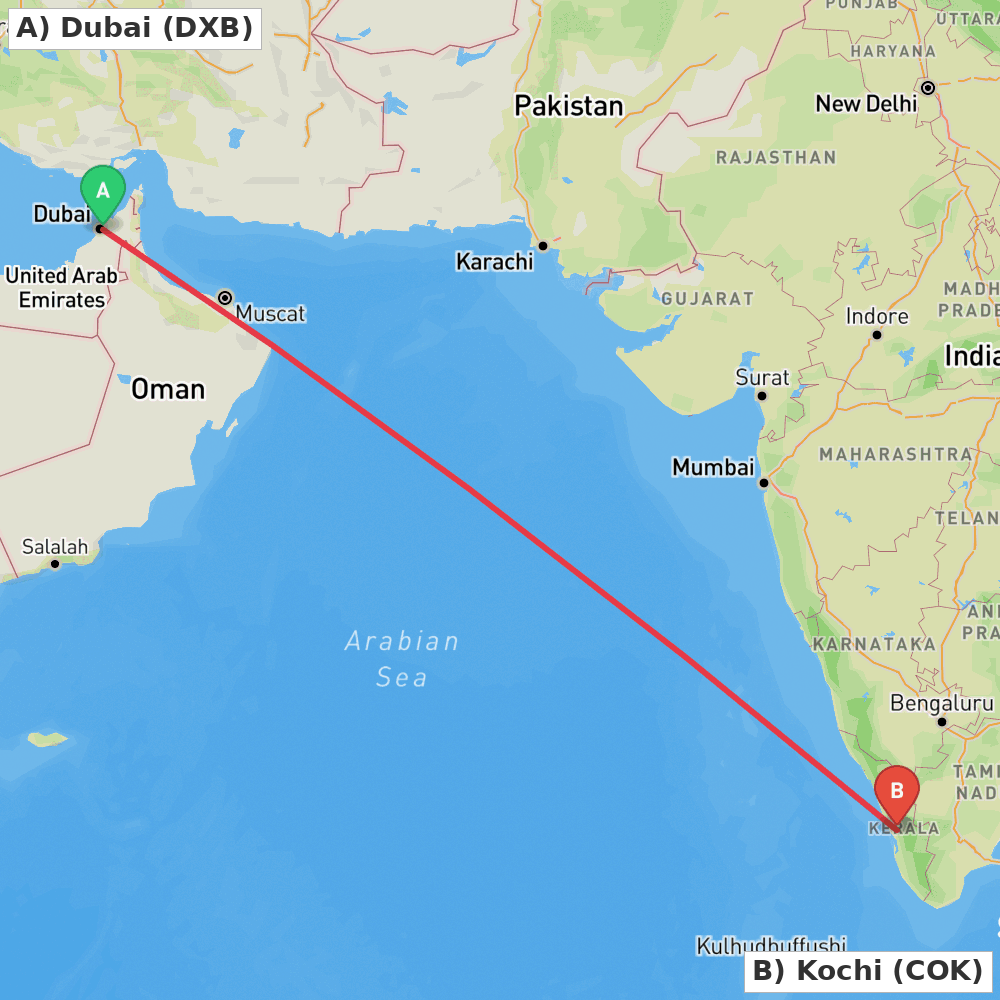 Flight route map from Dubai to Kochi