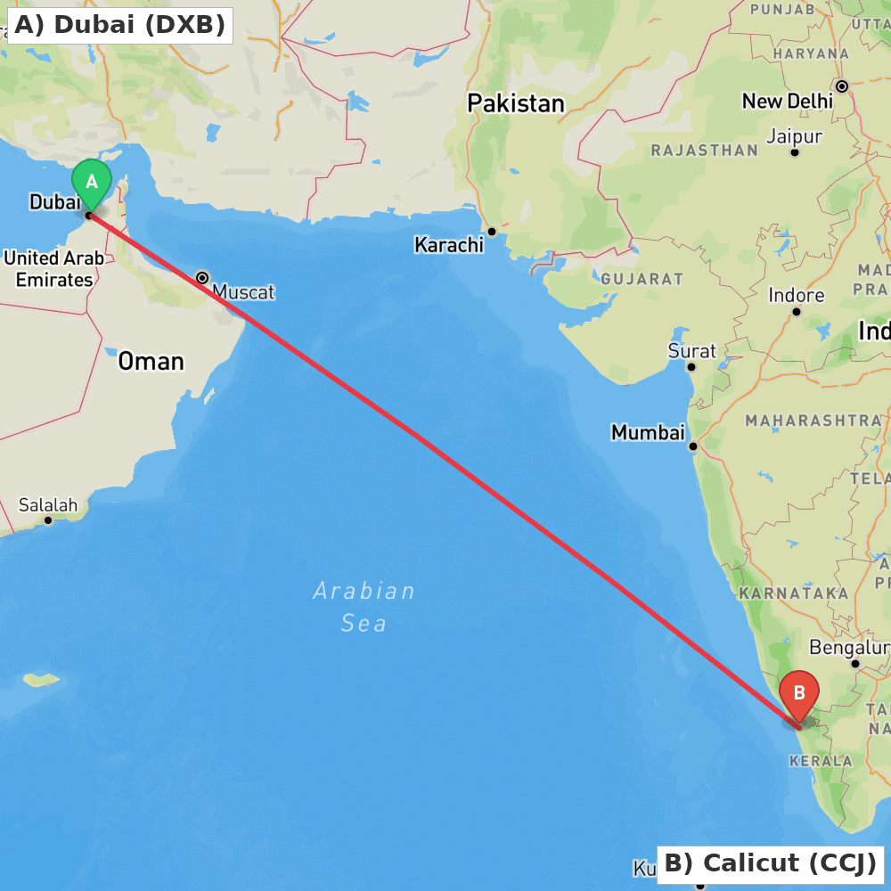 Flight route map from Dubai to Calicut