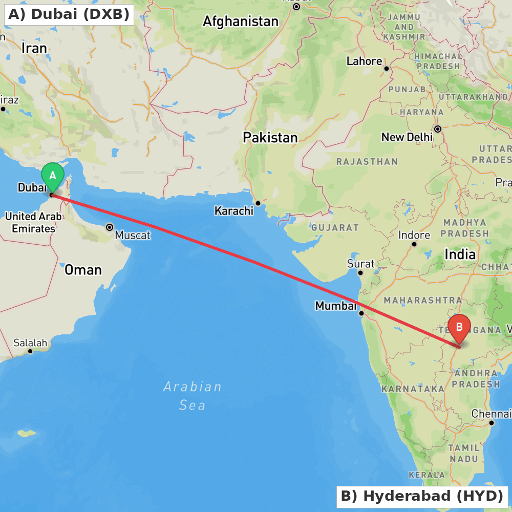 Flight route map from Dubai to Hyderabad