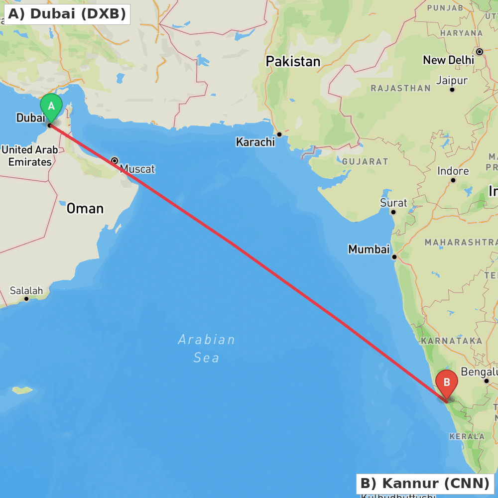 Flight route map from Dubai to Kannur