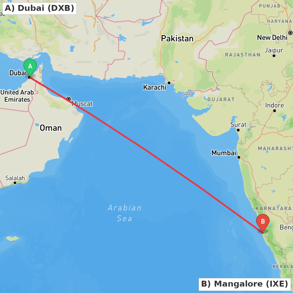 Flight route map from Dubai to Mangalore