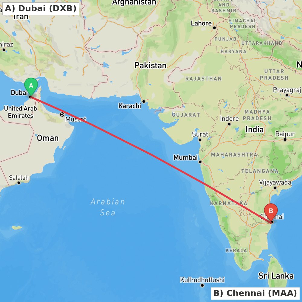 Flight route map from Dubai to Chennai