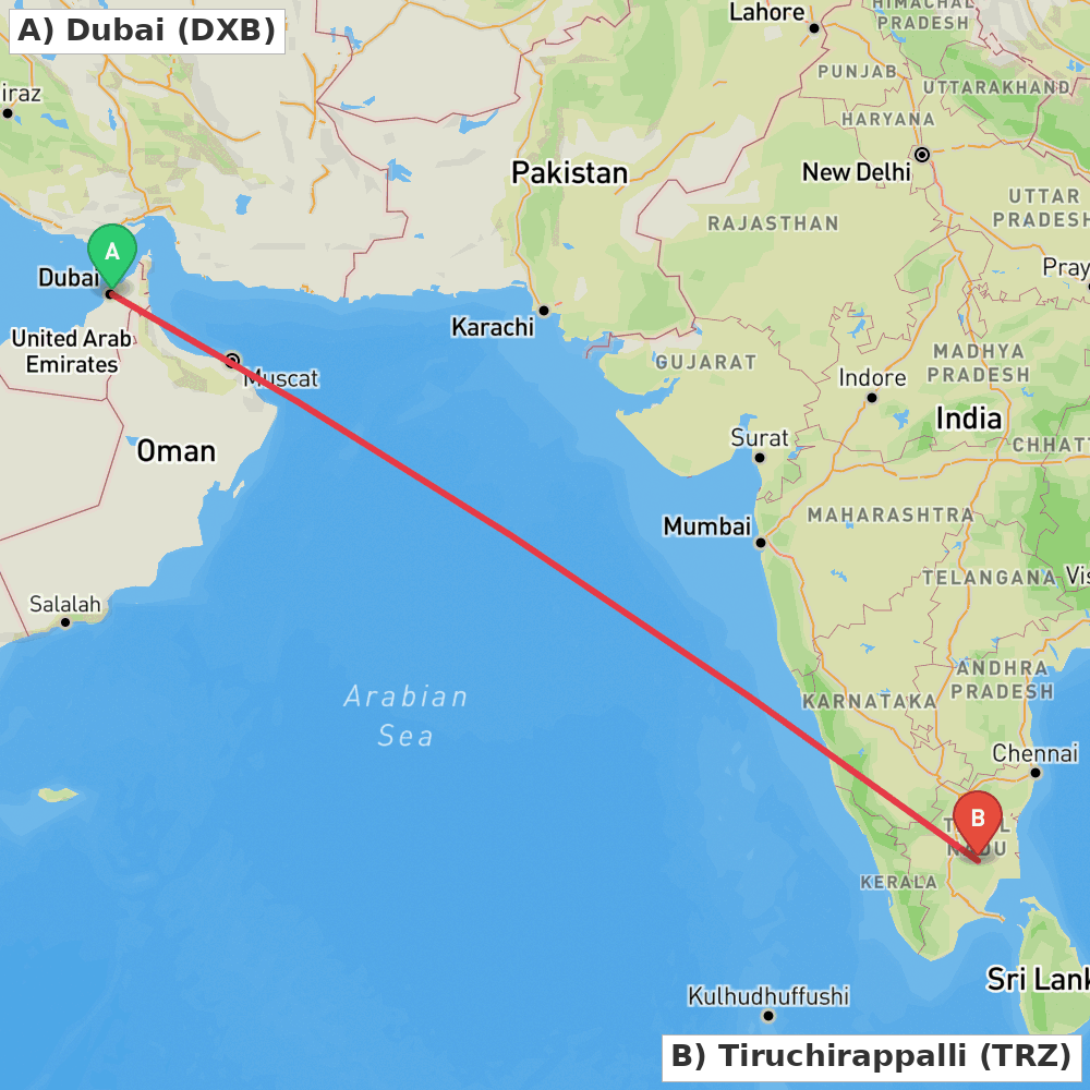 Flight route map from Dubai to Tiruchirappalli