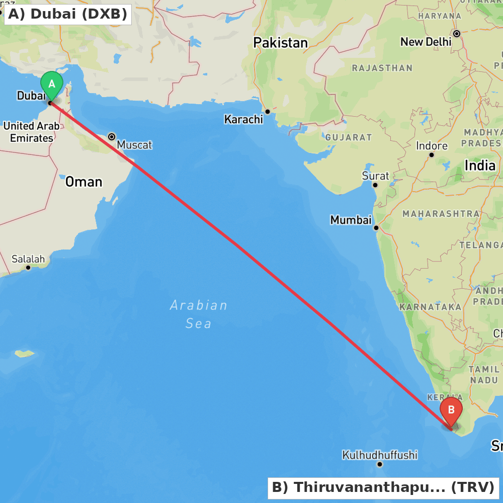 Flight route map from Dubai to Thiruvananthapuram