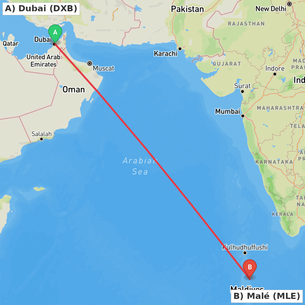 Flight route map from Dubai to Malé