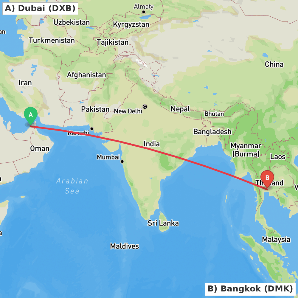 Flight route map from Dubai to Bangkok
