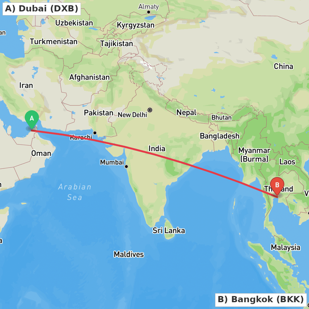 Flight route map from Dubai to Bangkok