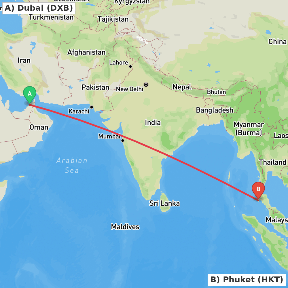 Flight route map from Dubai to Phuket