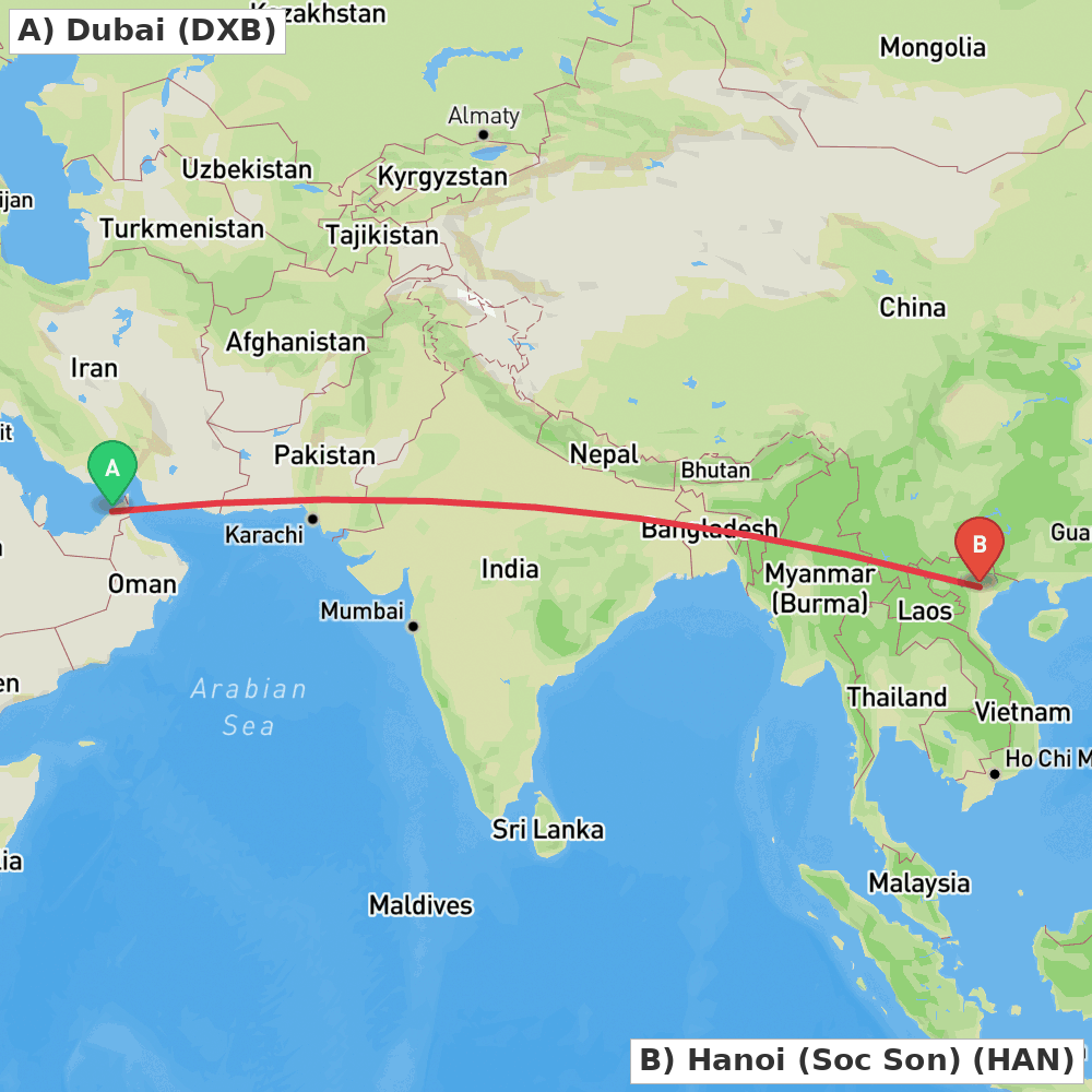 Flight route map from Dubai to Hanoi (Soc Son)