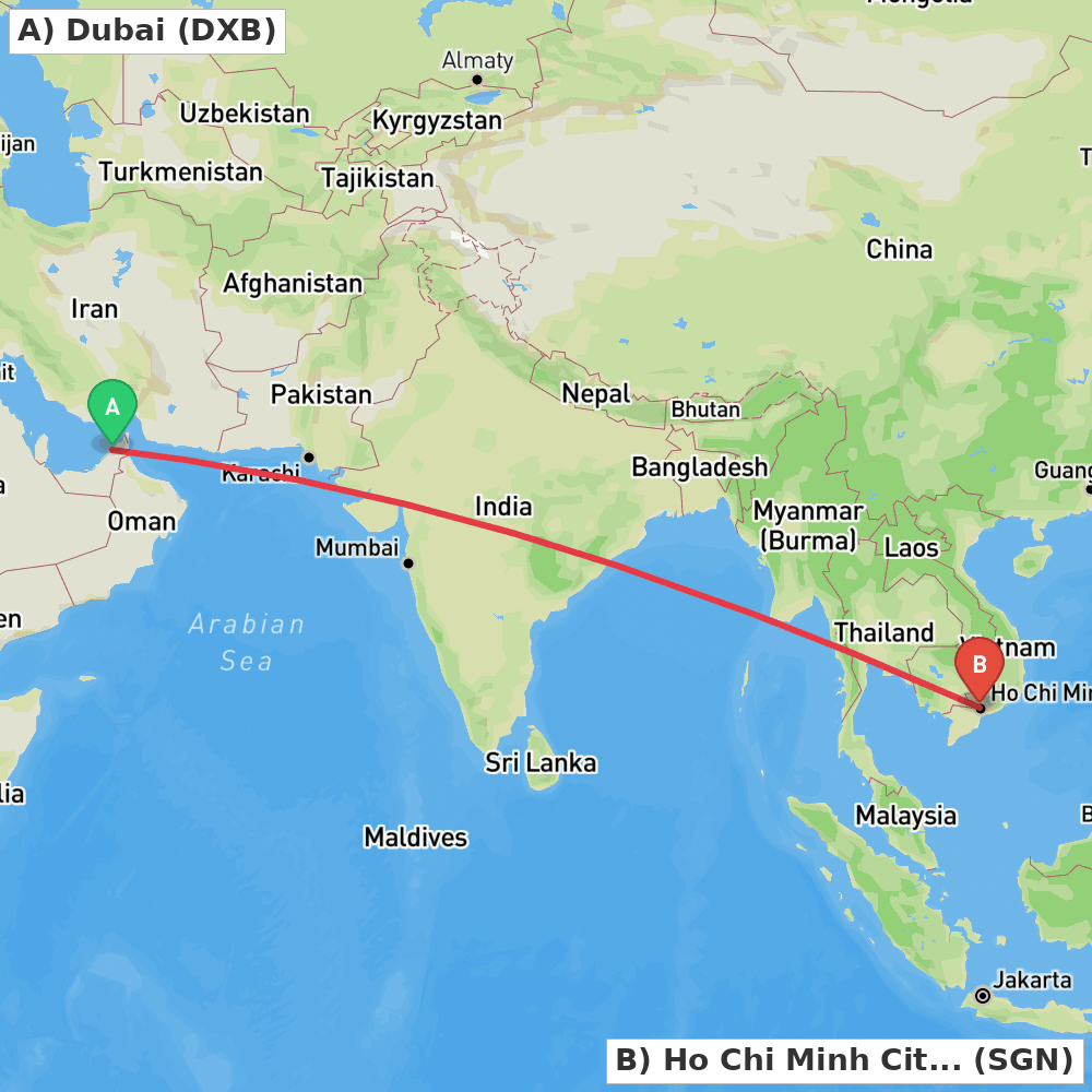 Flight route map from Dubai to Ho Chi Minh City