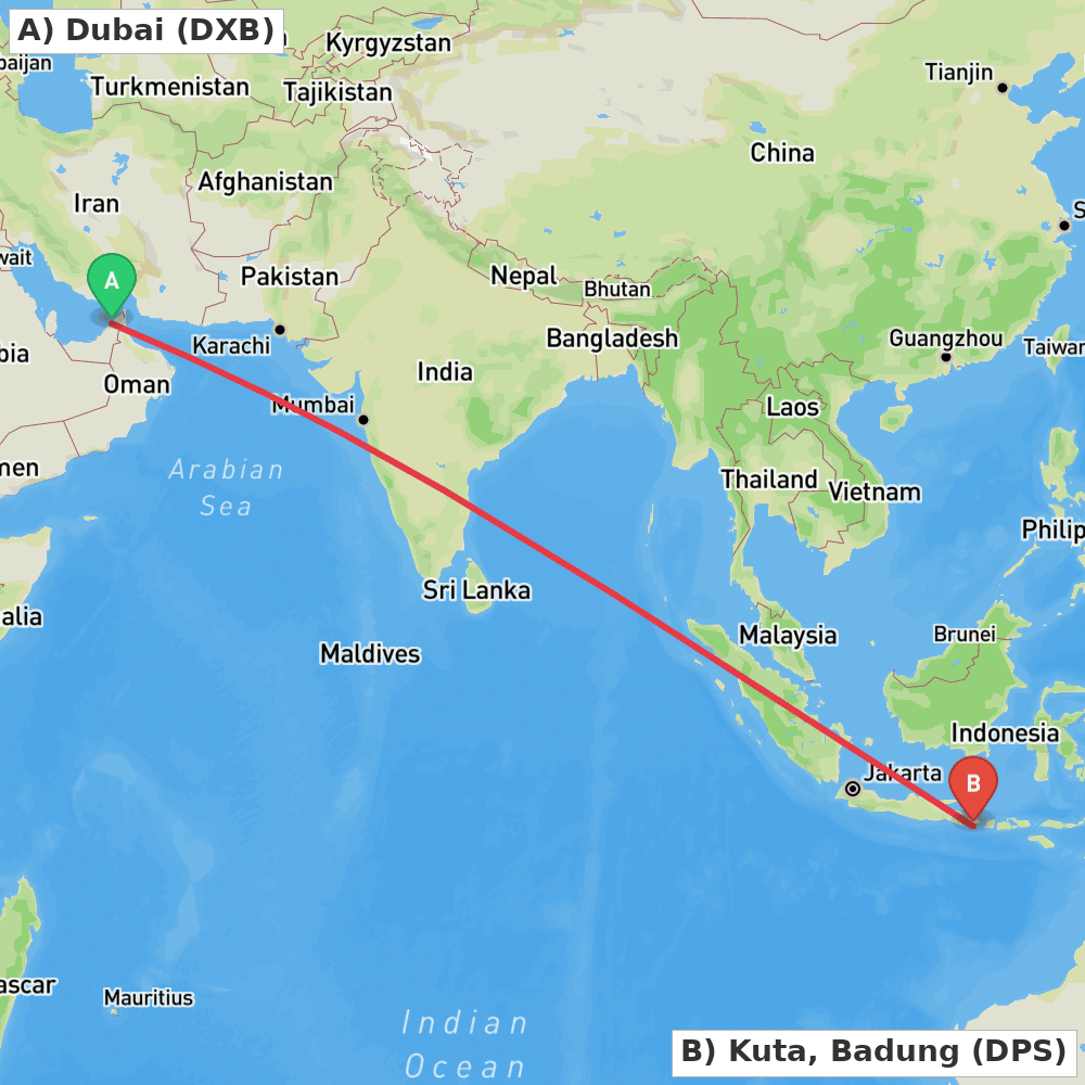 Flight route map from Dubai to Kuta, Badung