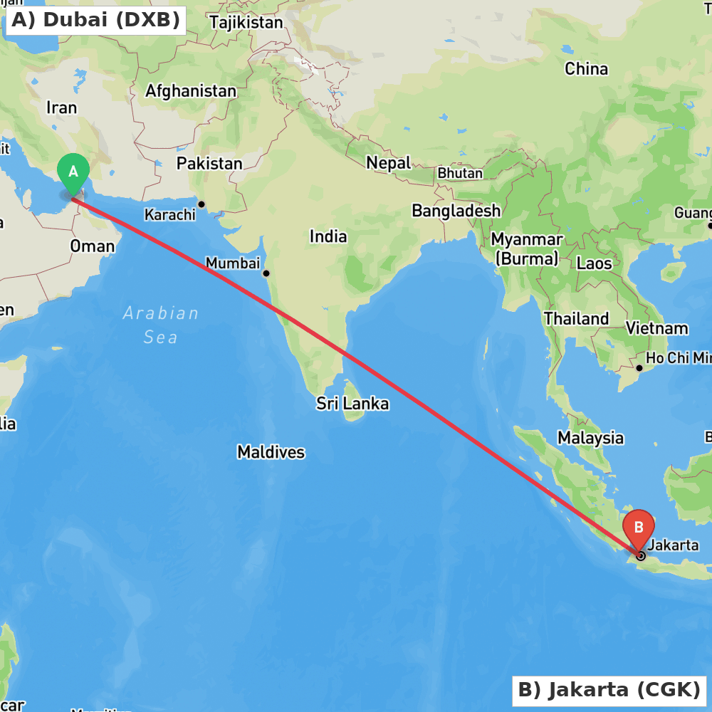 Flight route map from Dubai to Jakarta