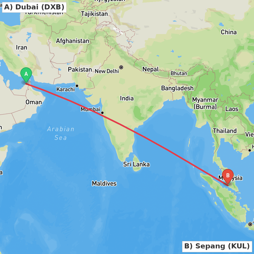 Flight route map from Dubai to Sepang