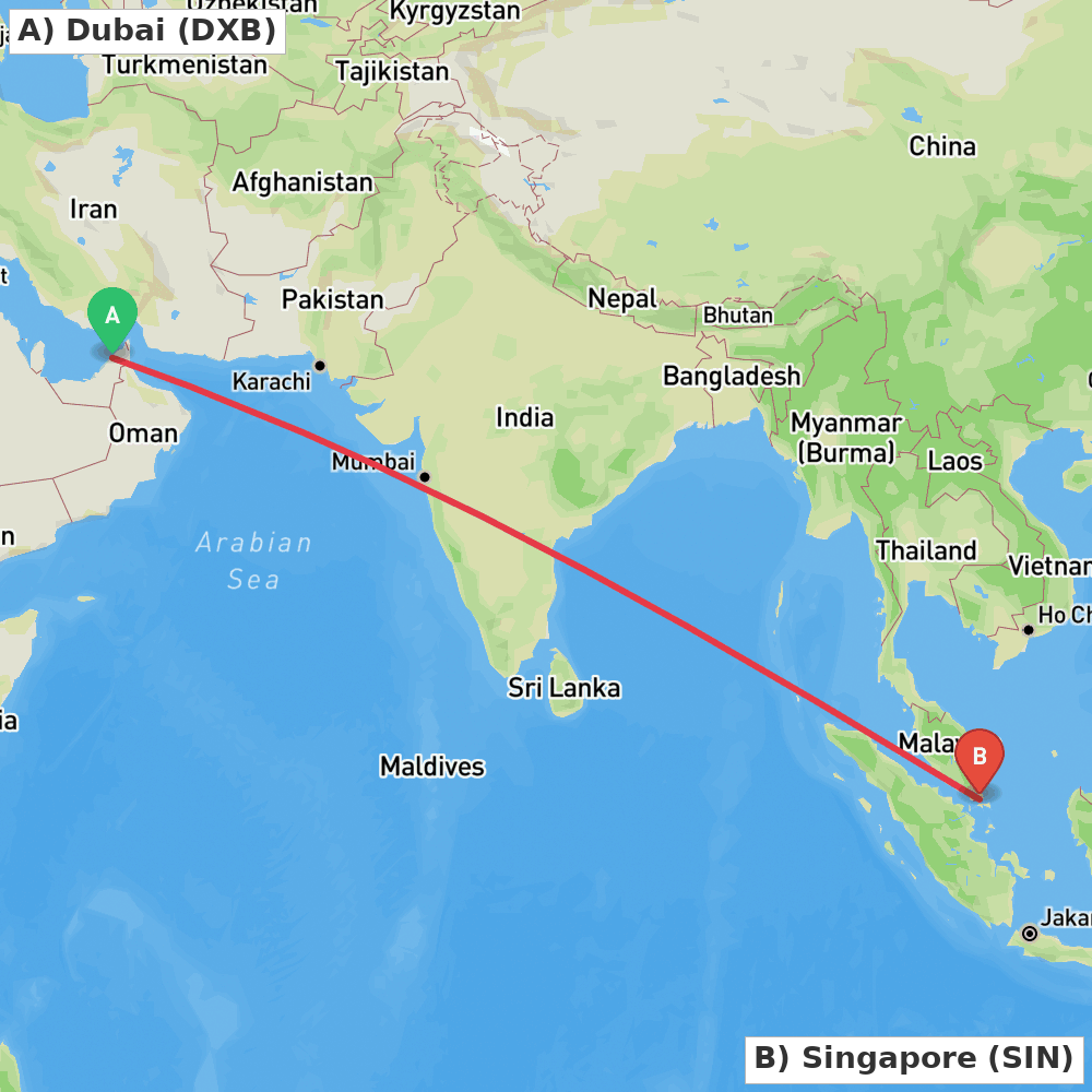 Flight route map from Dubai to Singapore