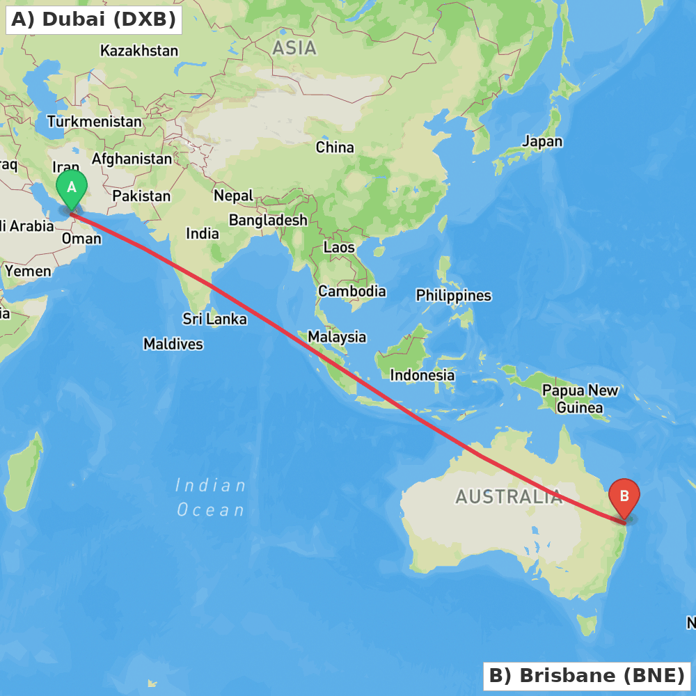 Flight route map from Dubai to Brisbane