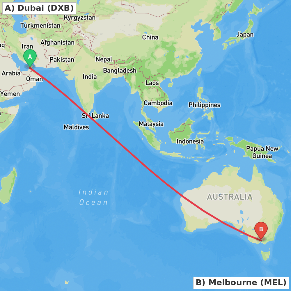 Flight route map from Dubai to Melbourne