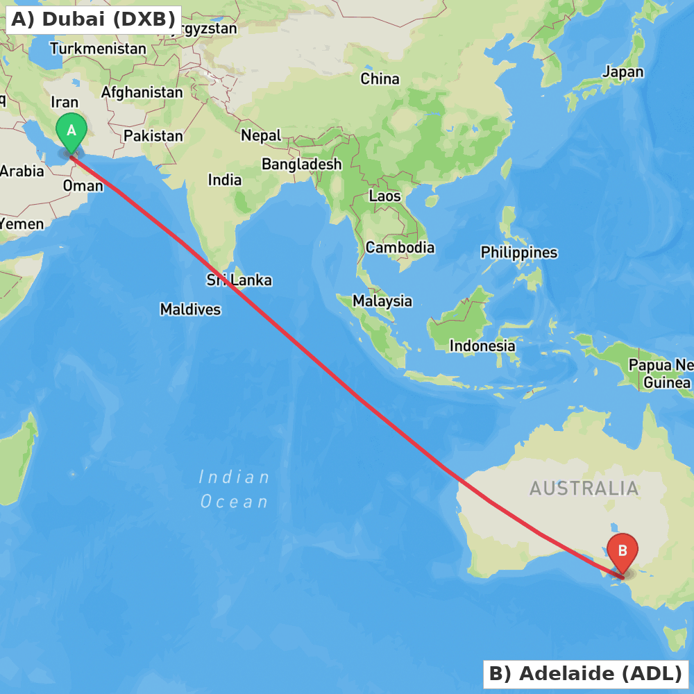 Flight route map from Dubai to Adelaide
