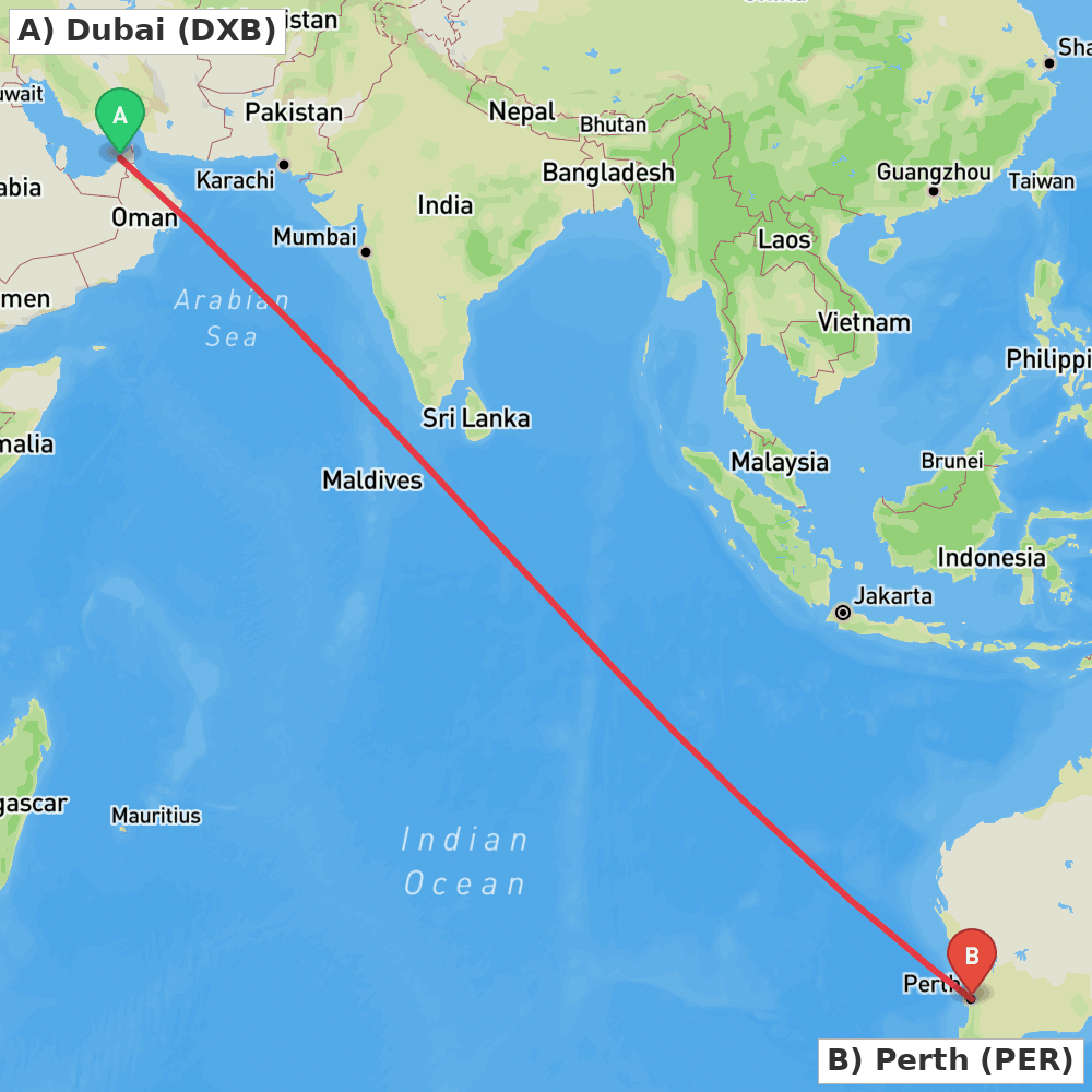 Flight route map from Dubai to Perth