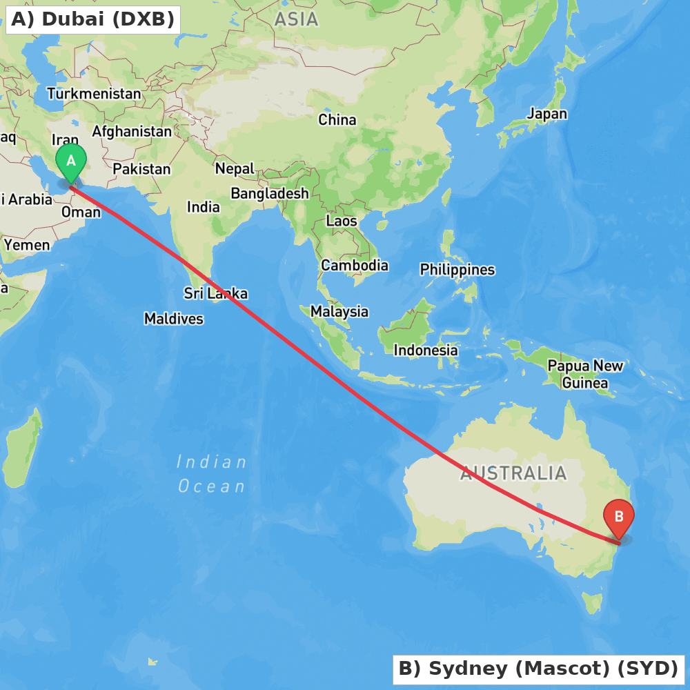 Flight route map from Dubai to Sydney (Mascot)