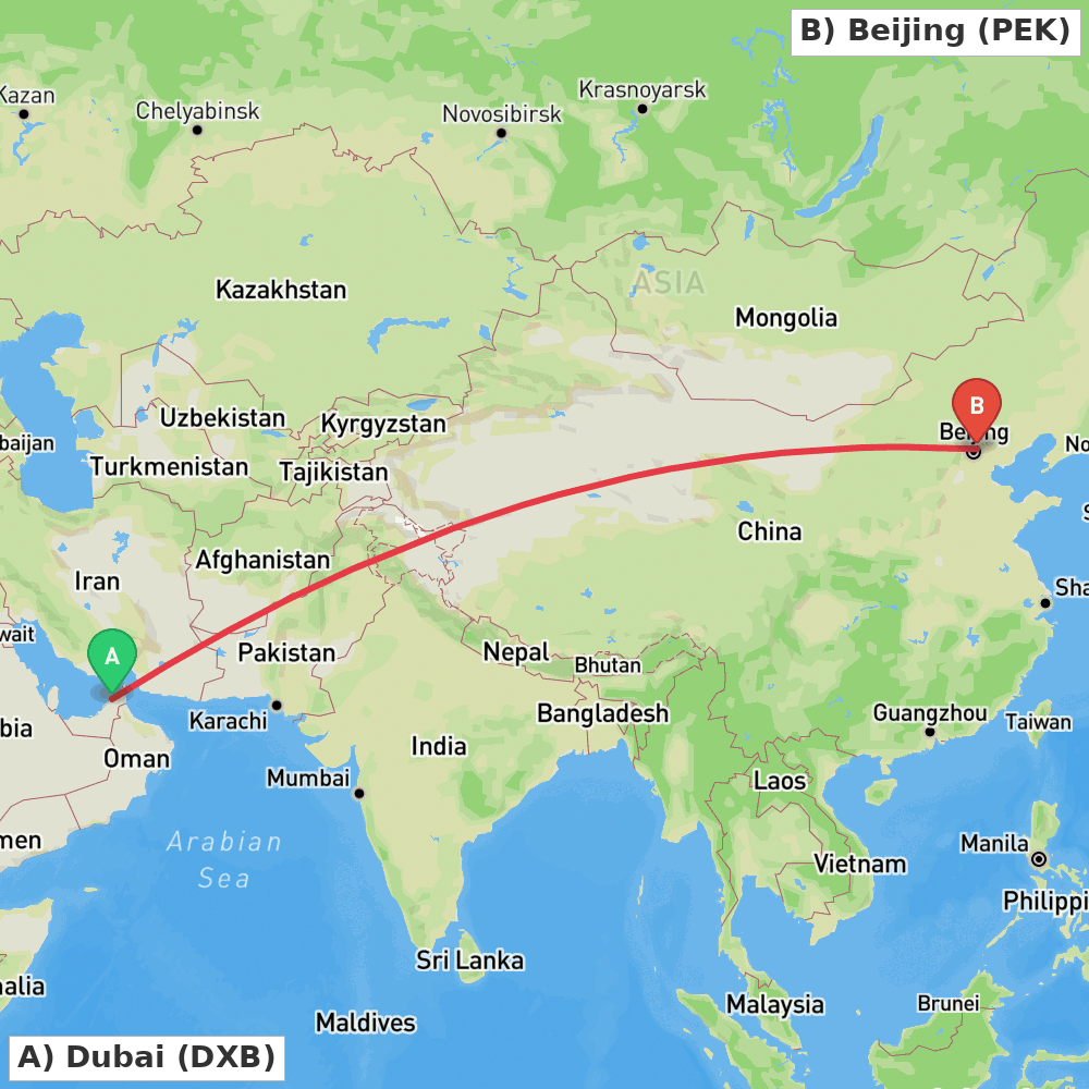 Flight route map from Dubai to Beijing
