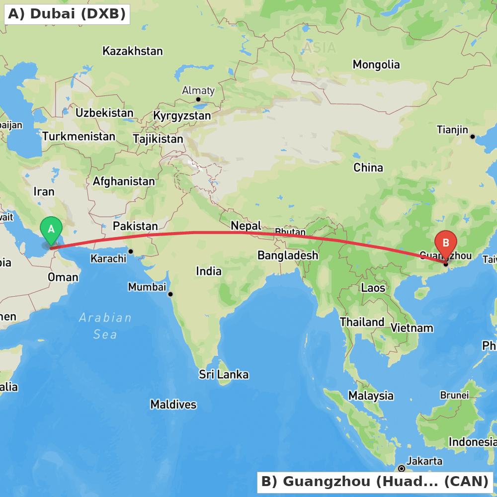 Flight route map from Dubai to Guangzhou (Huadu)