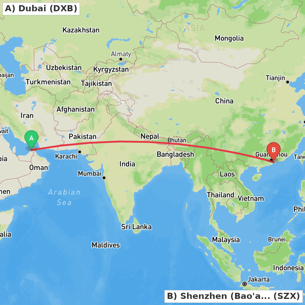 Flight route map from Dubai to Shenzhen (Bao'an)