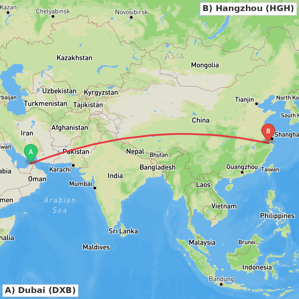 Flight route map from Dubai to Hangzhou