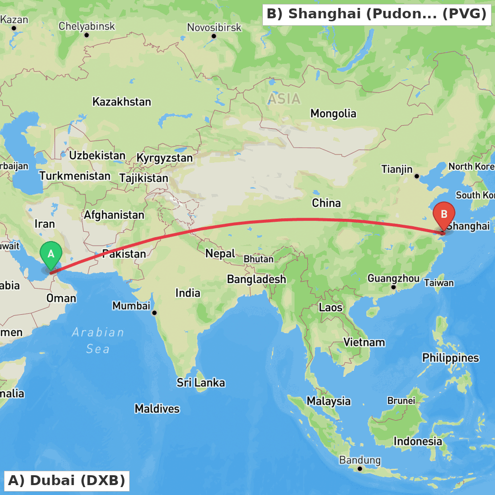 Flight route map from Dubai to Shanghai (Pudong)
