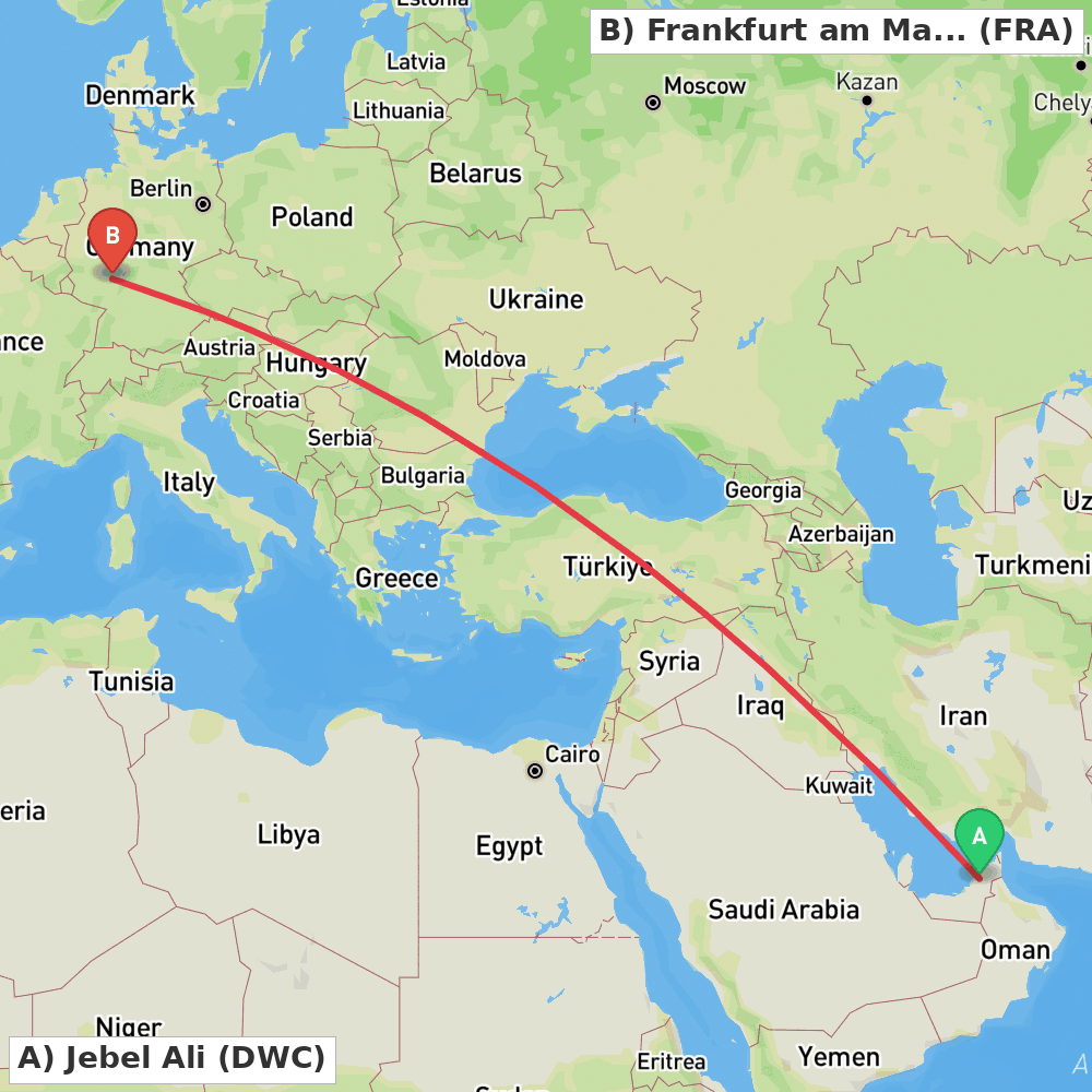 Flight route map from Jebel Ali to Frankfurt am Main