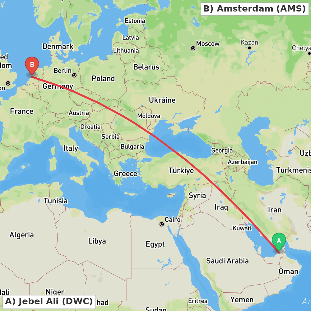 Flight route map from Jebel Ali to Amsterdam