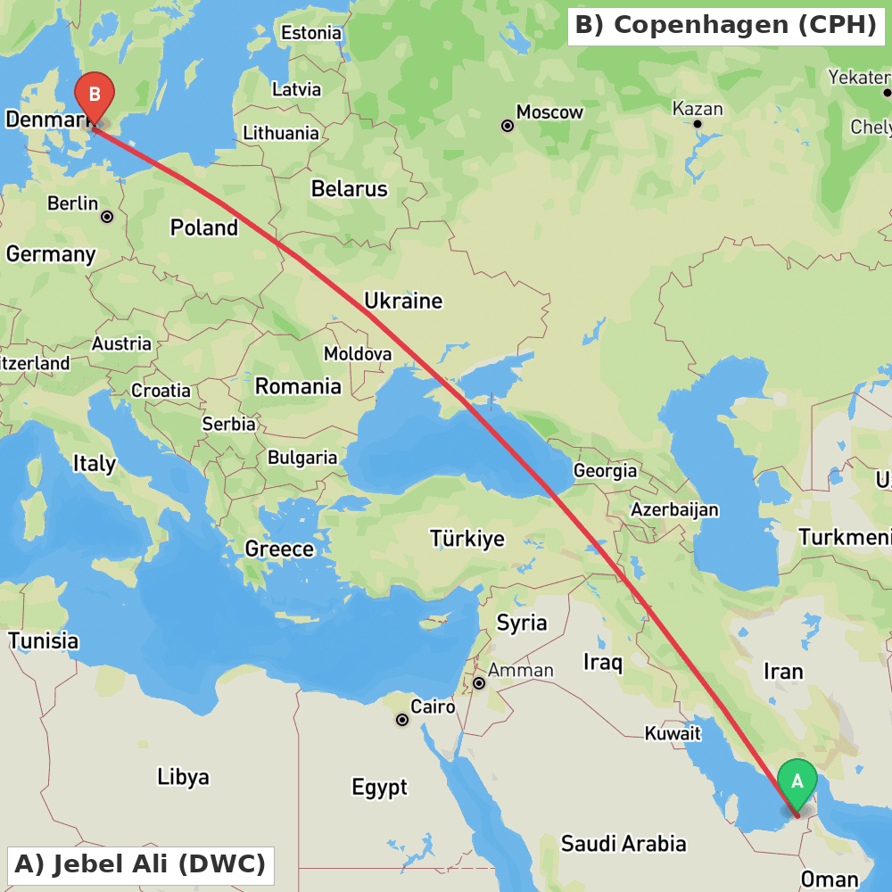 Flight route map from Jebel Ali to Copenhagen