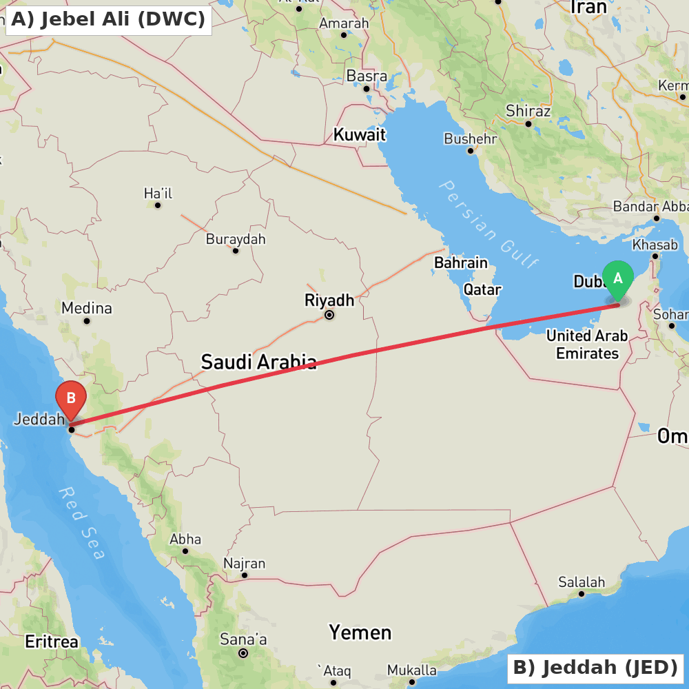 Flight route map from Jebel Ali to Jeddah