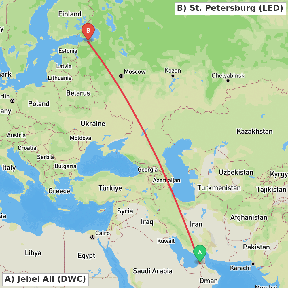 Flight route map from Jebel Ali to St. Petersburg