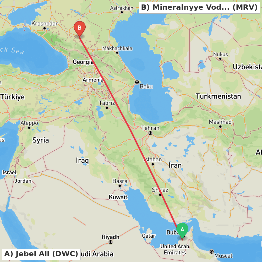 Flight route map from Jebel Ali to Mineralnyye Vody