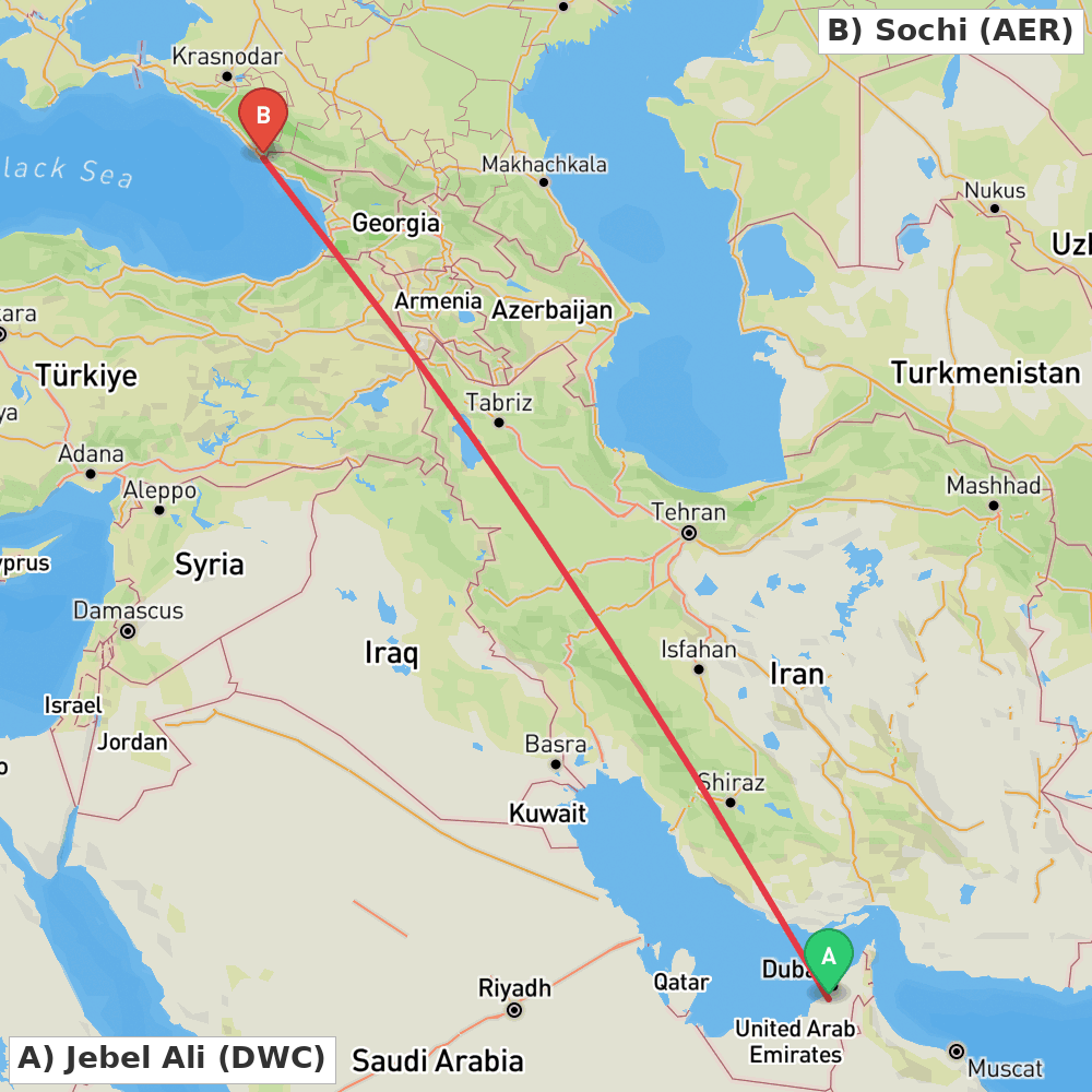 Flight route map from Jebel Ali to Sochi