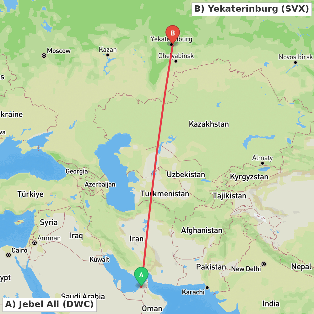 Flight route map from Jebel Ali to Yekaterinburg