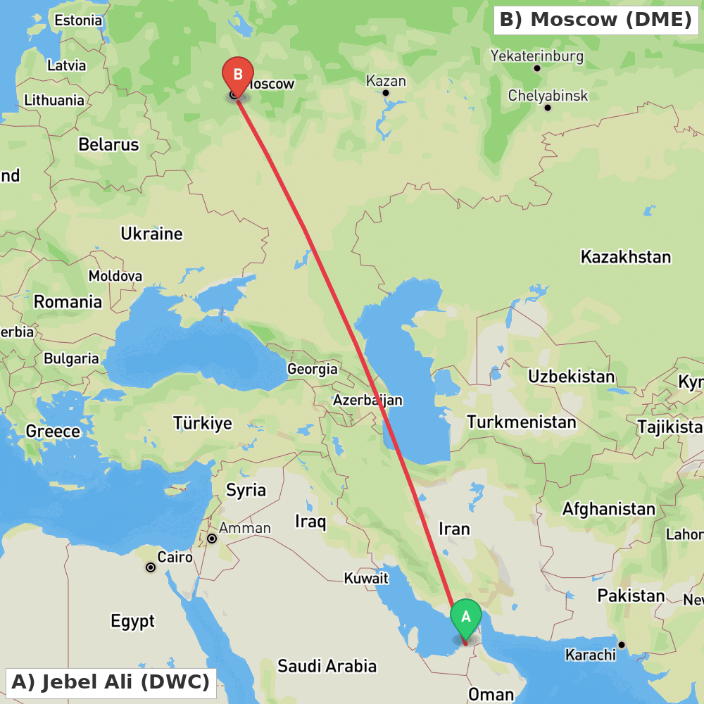 Flight route map from Jebel Ali to Moscow